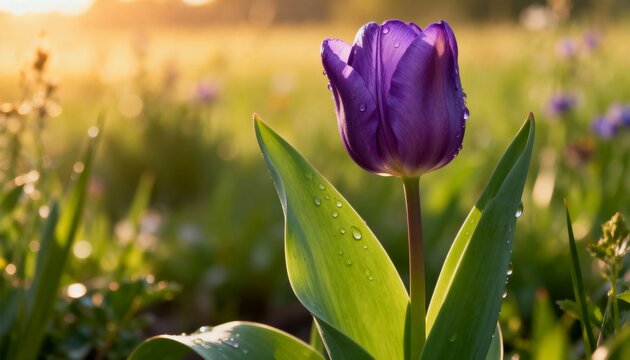 Serene purple tulip glows with dew drops at sunrise in a sun-drenched meadow, evoking nature's gentle beauty.