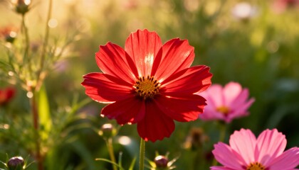 Obraz premium Sunlit red cosmos bloom in soft focus garden meadow at sunrise, warm golden hour light, delicate petal detail, serene and vibrant.