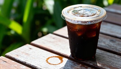 Refreshing iced coffee in a plastic cup condensation on a rustic wooden table outdoors with lush green foliage blurred background