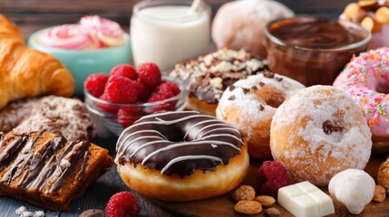 A colorful arrangement of dessert items includes various donuts, pastries, chocolate, fresh raspberries, and a cup of milk, creating a tempting spread perfect for sharing.