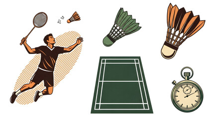 Collection of Badminton Game Elements and Sports Equipment for a Dynamic Competition