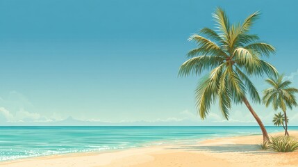 A beautiful tropical beach features swaying palm trees beside gentle ocean waves. The clear blue sky enhances the tranquil atmosphere, perfect for relaxation.
