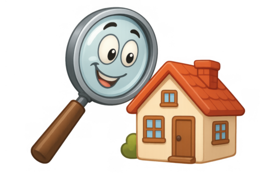 Magnifying glass cartoon character inspecting an animated house, symbolizing house hunting and real estate search