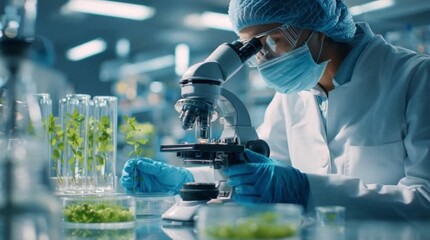 Innovation and Health: Scientist in Protective Gear at Work, Science and Plant Biology: Analyzing Green Samples in a Laboratory - Powered by Adobe