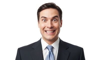 Portrait of a smiling businessman with wide eyes, expressing surprise and excitement.