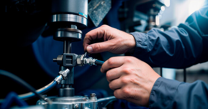Engineer working with precision tools on industrial machinery in workshop setting
 - Powered by Adobe