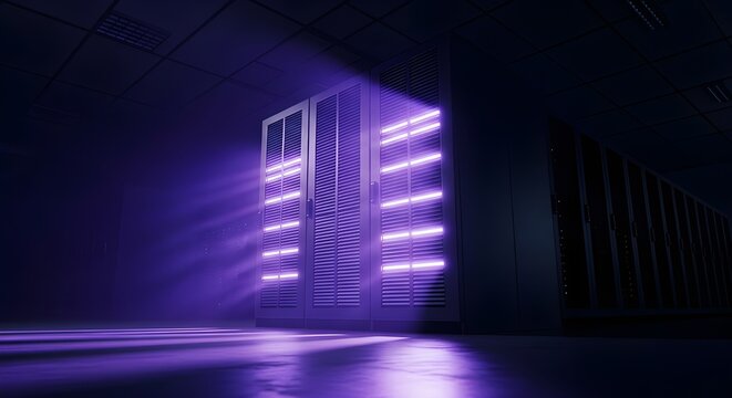 Modern Data Center Server Racks with Purple LED Lighting and High-Tech Infrastructure