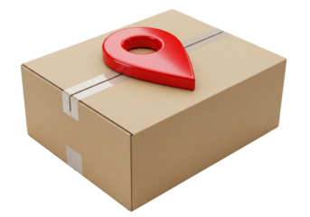 Cardboard delivery box with a red location pin on top