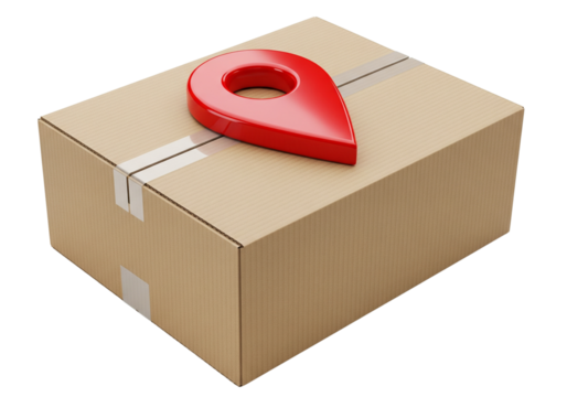 Cardboard delivery box with a red location pin on top