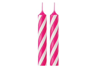 Two tall pink and white striped birthday candles on a black background