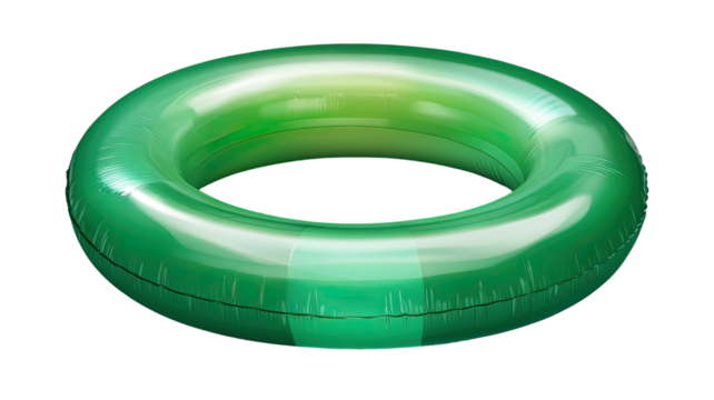 Green inflatable swim ring with smooth texture, perfect for summer fun, poolside relaxation, and water activities visuals isolated on white background