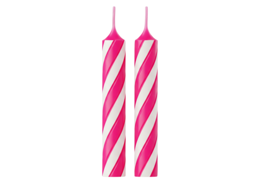 Two tall pink and white striped birthday candles on a black background
