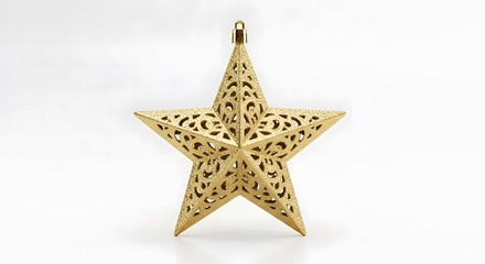 Fototapeta premium A golden, intricately patterned star ornament is displayed against a white background, ready for hanging.