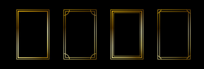 Gold thin rectangle frame set. Shining golden squared borders in art deco style. Thin linear rectangular cadre collection. Vector glowing shiny boarder element pack for photo, poster, tarot card