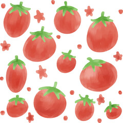 watercolor style red tomato strawberry cherry apple berry seamless pattern on white background