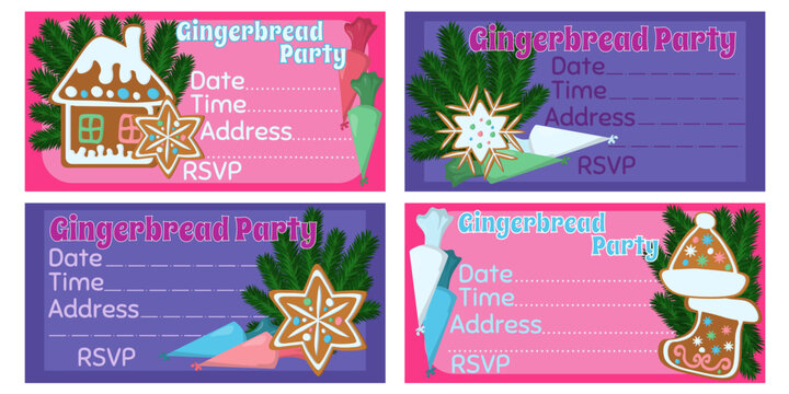 Gingerbread Party set of bright horizontal invitations, cards for Christmas event on holiday baking painting