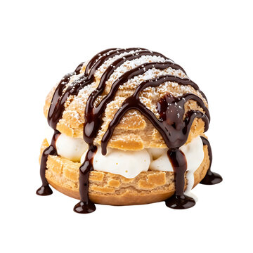 Delicious cream puff pastry with chocolate drizzle on transparent background