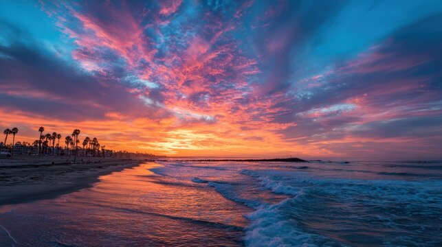 A stunning sunset lights up the sky in bright hues of orange and pink. Gentle waves lap at the sandy beach as palm trees stand tall, creating a serene coastal view at dusk. - Powered by Adobe