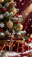 A festive Christmas tree adorned with golden ornaments red berries and a copper reindeer figurine surrounded by wrapped gifts and falling snowflakes.