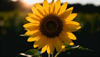 Fototapeta premium Golden sunflower bathed in warm sunlight at golden hour, creating a vibrant and cheerful natural backdrop.
