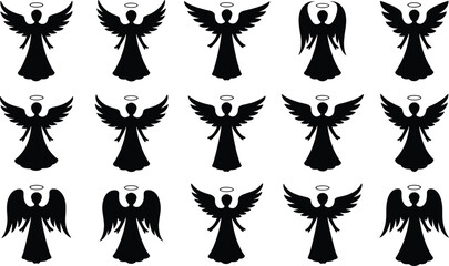Elegant angel silhouettes collection, heavenly winged figures, spiritual icons, divine symbols, celestial decoration design elements for Christmas, worship, faith, serenity