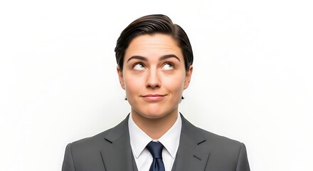 A young woman in a suit looking upwards, pondering and contemplating something.