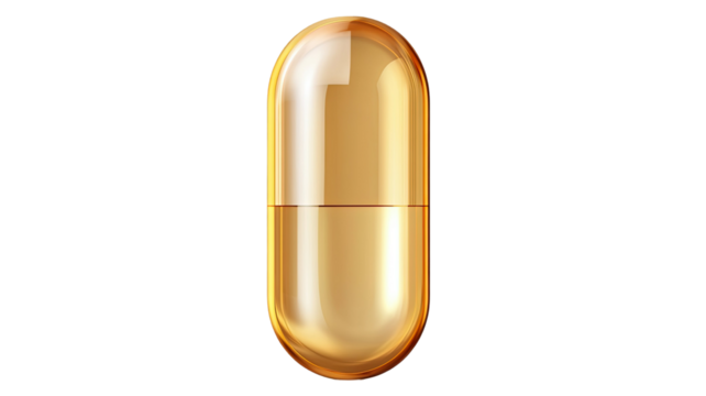 Golden soft gel capsule with smooth texture and shiny finish, perfect for health supplements and wellness visuals isolated on white background