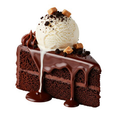 Decadent slice of chocolate cake with ice cream on transparent background