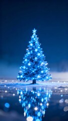 A serene winter night featuring a beautifully illuminated Christmas tree adorned with glowing blue lights and a star on top set against a snowy landscape.
