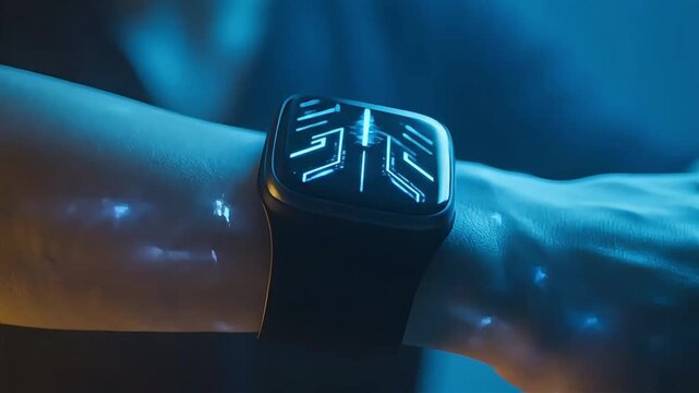 Futuristic Smartwatch on Wrist with Glowing Interface.