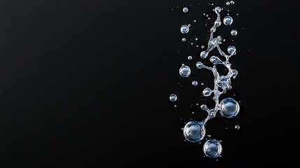 A dynamic splash of clear water with various sized droplets and bubbles is captured against a stark black background.
