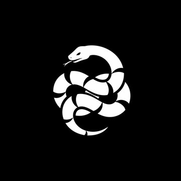 Stylized White Snake Coiled with Tongue Out on Black Background.