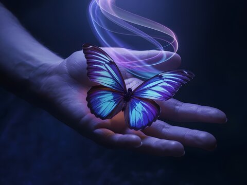 Magical butterfly rests gently on a human hand emitting light - Powered by Adobe
