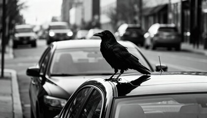 Naklejka premium A solitary black raven perched atop a car windshield in a city street with blurred traffic creates a striking monochrome mood.