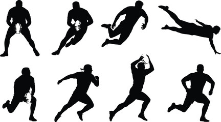 Obraz premium Rugby Player Silhouettes, Sport Action Vector, Athlete Running Icons, Football Team Figures, Black Man Set, Competition Illustration
