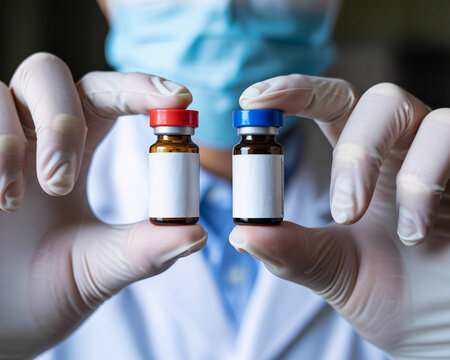Scientist carefully holding vaccine vials in gloved hands for medical research or pharmaceutical advertising campaign, emphasizing hope and scientific advancement