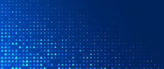 Blue neon triangle texture. Glowing navy arrow geometric background. Tech triangular pattern wallpaper. Fading arrow halftone gradient for business booklet, science poster, healthcare banner. Vector