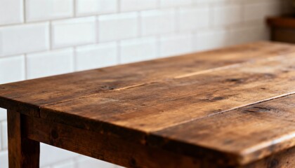 Rustic wooden table surface with white subway tile background, offering a warm, natural texture and inviting space for product display or food photography.