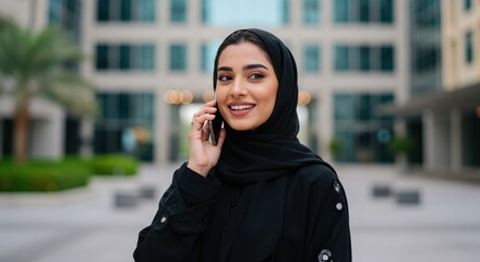 Fototapeta premium Smiling Middle Eastern woman in hijab talking on smartphone in modern city