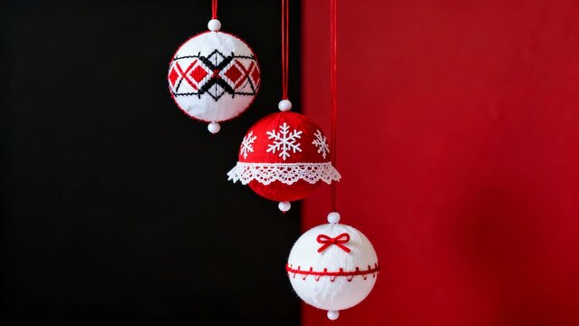 Three intricately designed Christmas ornaments hang against a contrasting black and red background showcasing detailed patterns and festive decorations.