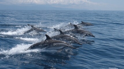 Obraz premium A group of dolphins glides through the sparkling blue ocean water, creating splashes as they swim together. The sun shines bright, enhancing the beautiful scenery in the background.