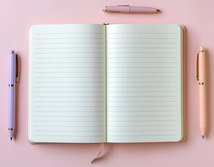 Open notebook with pastel pens on pink background