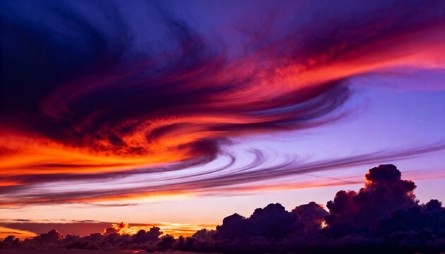 Dramatic sunset sky with fiery red and deep purple clouds creating a swirling abstract pattern