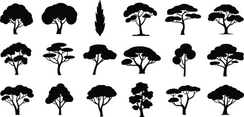 Tree Silhouettes Set, Forest Nature Icons, Black Plant Vector, Acacia Oak Cypress Collection, Landscape Design Elements