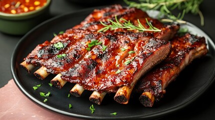 Spicy hot grilled ribs on plate over pink stone background