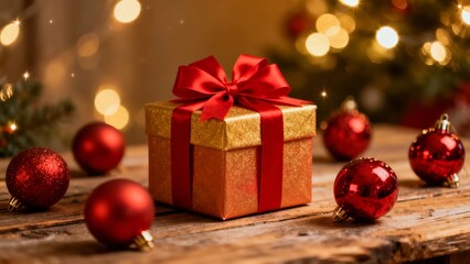 A festive Christmas gift box adorned with a red ribbon surrounded by shiny red ornaments on a rustic wooden surface set against a warm bokeh background.