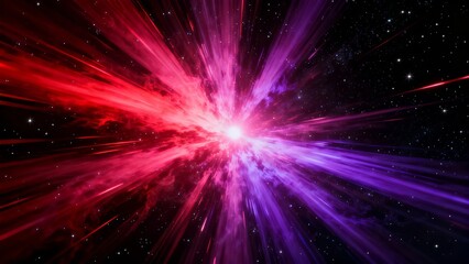 Fototapeta premium A vibrant cosmic explosion radiates with intense red and purple hues set against a star-studded black backdrop evoking the dynamic energy of a nebula or supernova.