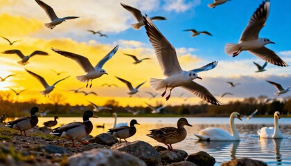 Dramatic golden sunset illuminates flock of birds soaring over tranquil lake with swans and ducks below
