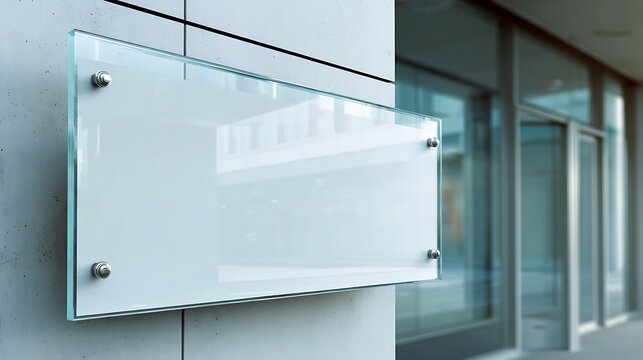 Installing Blank Glass Sign on Concrete Wall Near Modern Office Entrance
