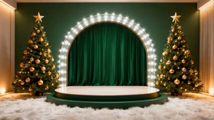 A festive Christmas stage setup featuring two decorated trees a glowing archway and a plush white carpet.
